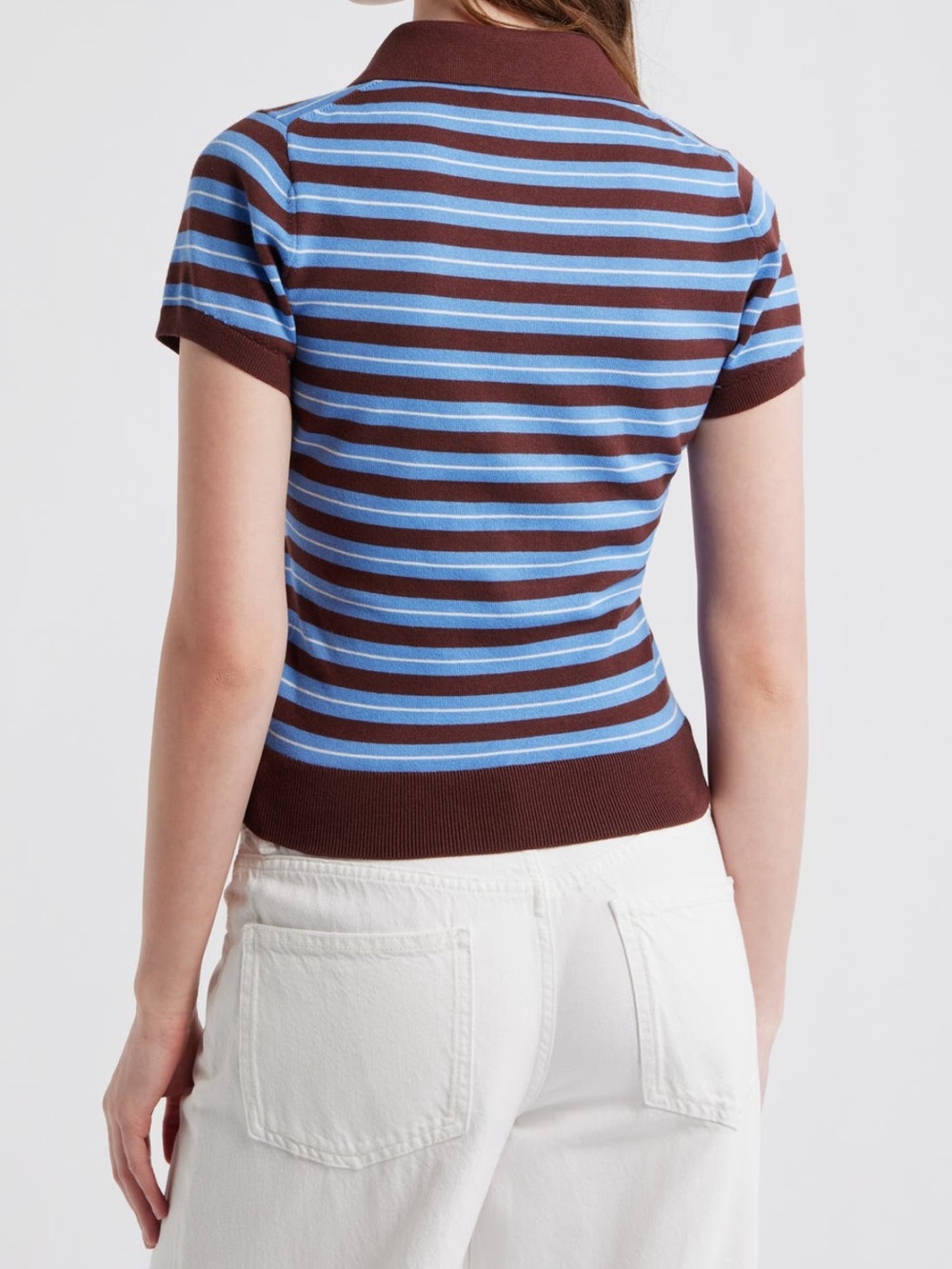 NWT Reformation 🤎💙 Bentley Crop Polo Sweater in Mahogany Multi Strip - Picture 2 of 14